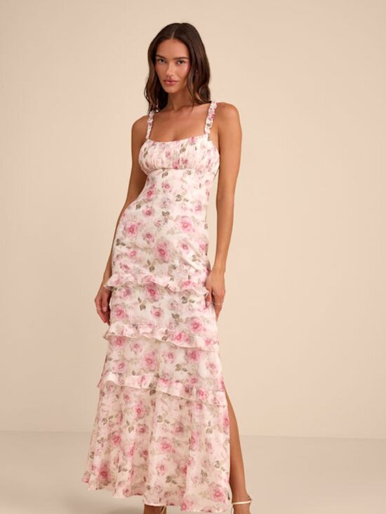 Lulus Dresses & Skirts - NWT Lulus Remiette Cream Floral Ruffled Empire Waist Maxi Dress White - Size M